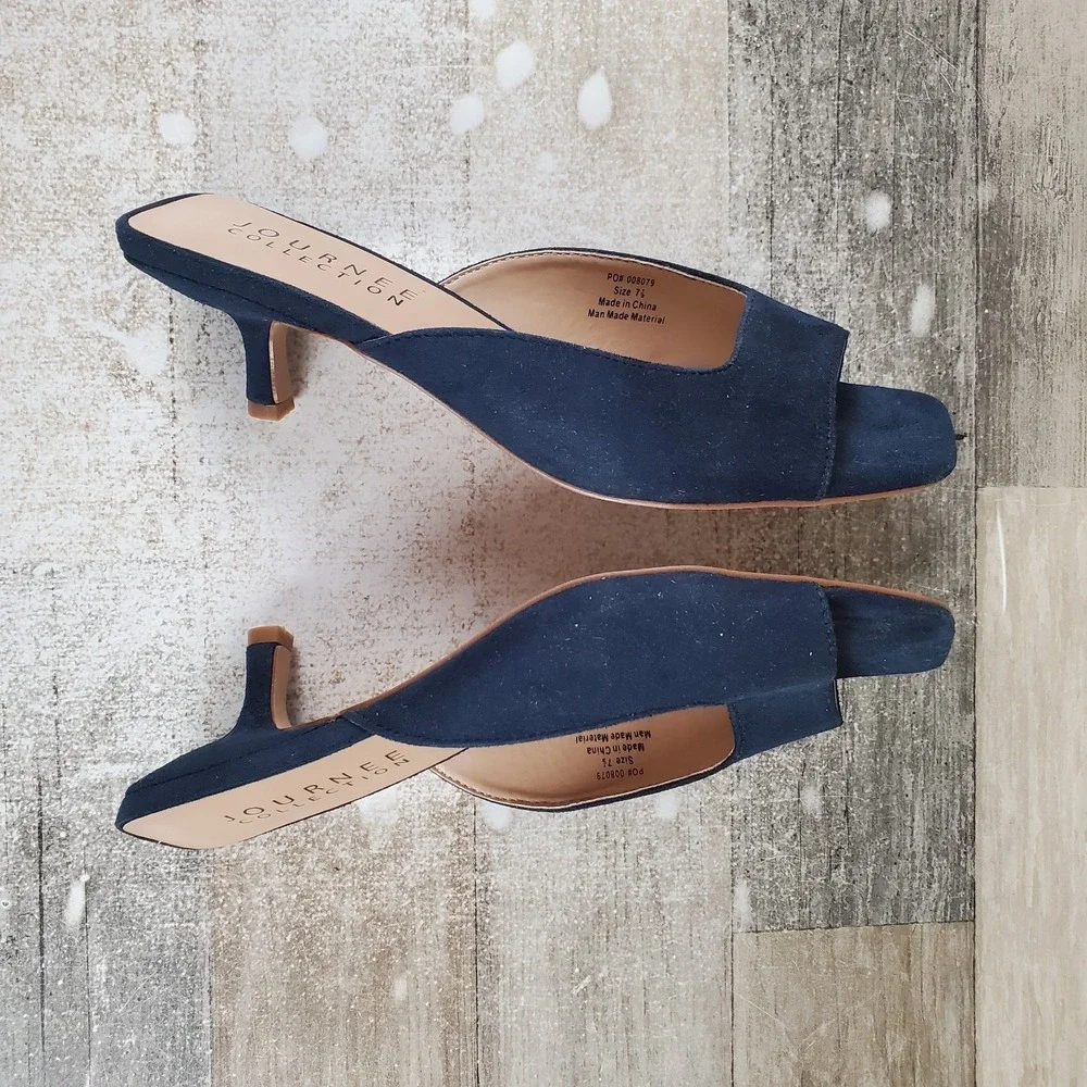 Journee Collection Navy Suede Open-Toe Kitten Heel Mule